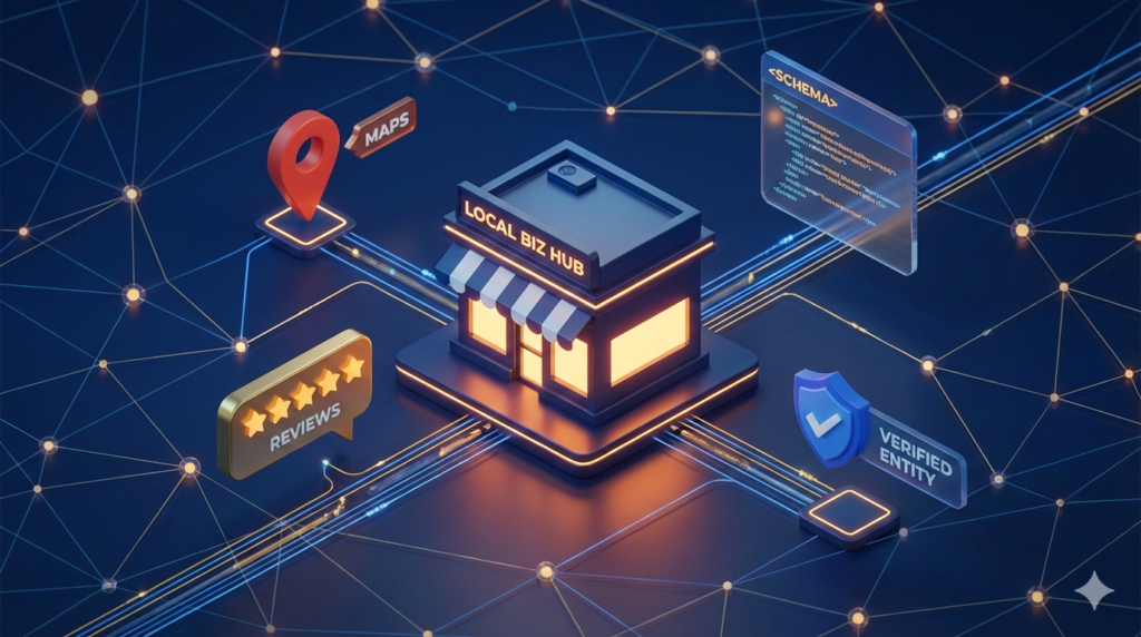 3D digital network illustration showing Entity SEO for local businesses and relationships within Google’s Knowledge Graph.